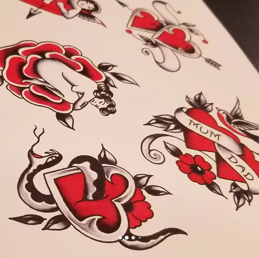 Flash sheet — traditional roses, hearts, and a mum & dad banner