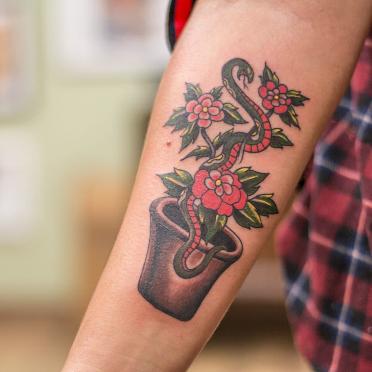 Snake, roses & vessel